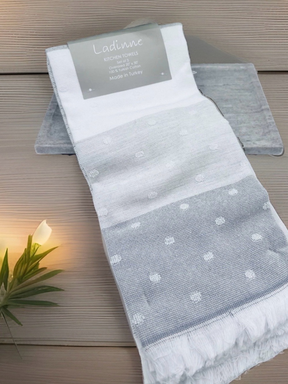 Ladinne Kitchen Towels Set Of 3 Oversized 20”x30” 100% Turkish Cotton Gray White